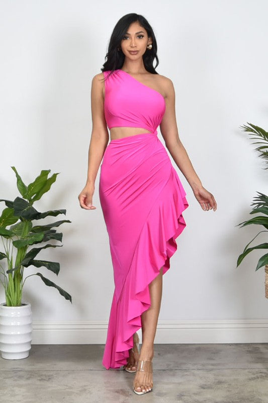 Asymmetrical Elegance Cut-out Dress (Hot Pink)