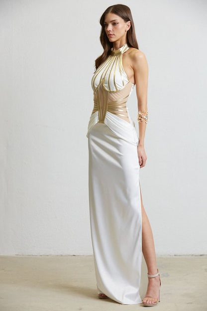 Gilded Elegance Satin Maxi Dress (White)