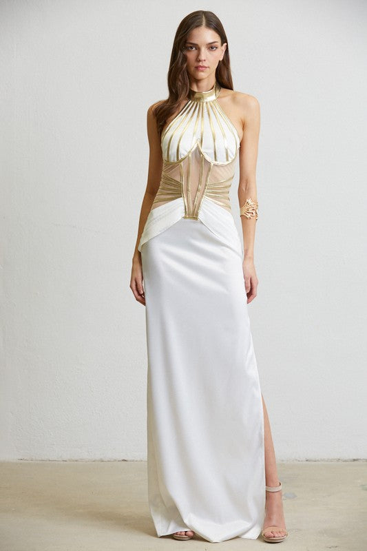 Gilded Elegance Satin Maxi Dress (White)