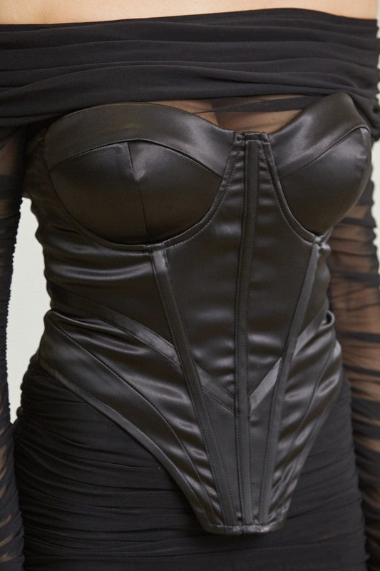 Noir Silhouette Ruched Mini Dress And Corset 2PC (Black)