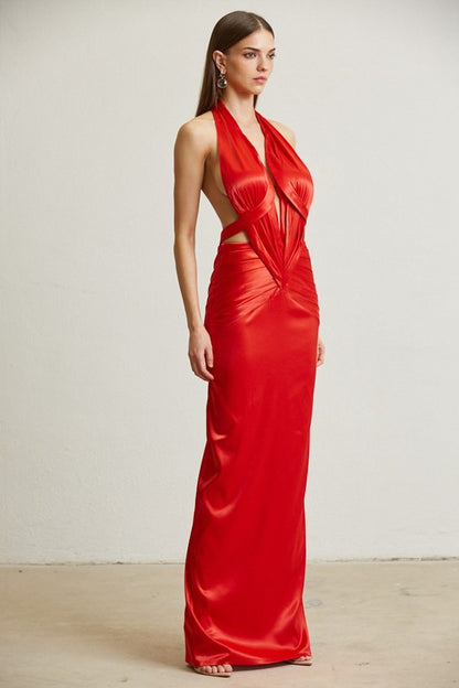 Midnight Elegance Pleated Satin Maxi Dress (Red)