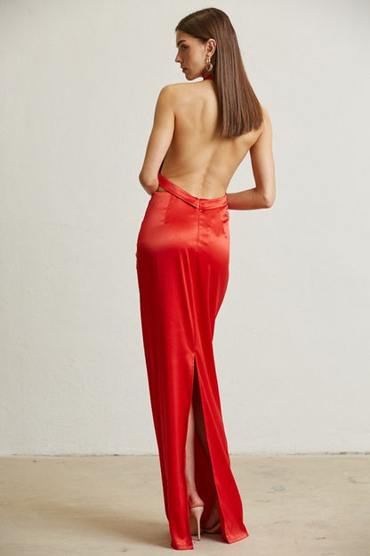 Midnight Elegance Pleated Satin Maxi Dress (Red)