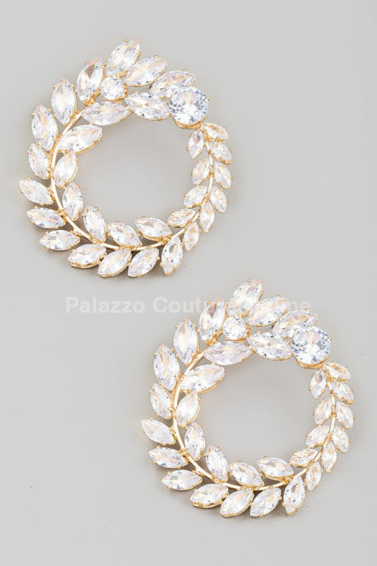 Circle Rhinestone Leaf Earrings (Gold) One Size / Gold