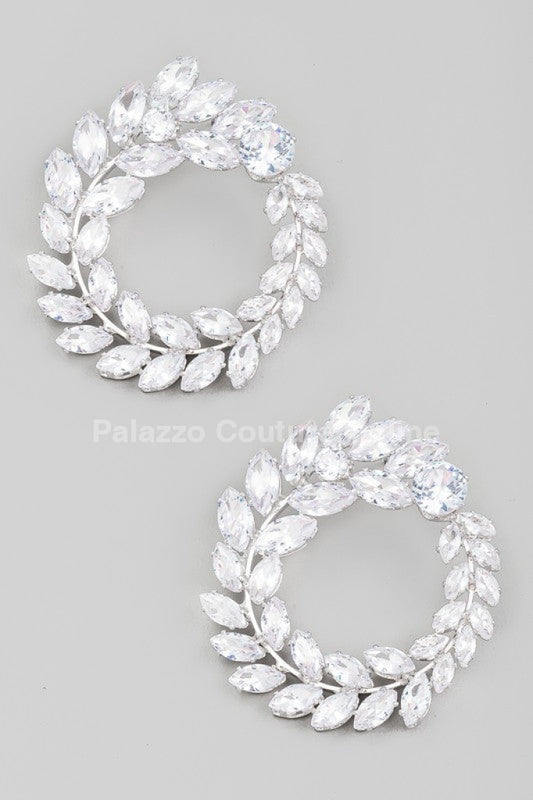 Circle Rhinestone Leaf Earrings (Silver) One Size / Silver