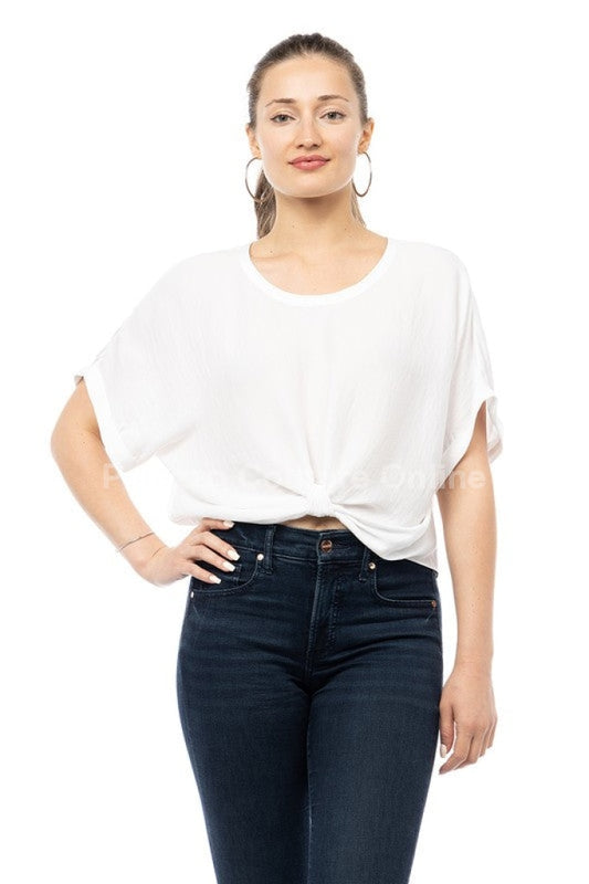 Karla Satin T-Shirt With Front Knot Detail Blouse (White) S / White Top