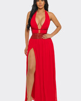 Goddess Allure Rhinestone Halter Gown- Red