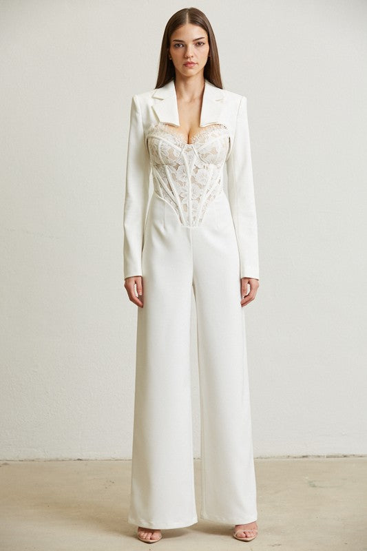 High Class Lace Trim Blazer 2 pcs Jumpsuit Set (white)
