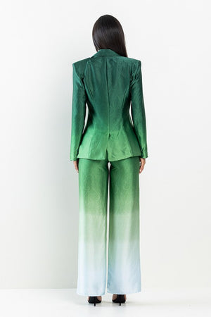 Ombre Print Satin Blazer and Pants Set (Green)