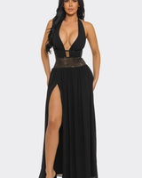 Goddess Allure Rhinestone Halter Gown- Black