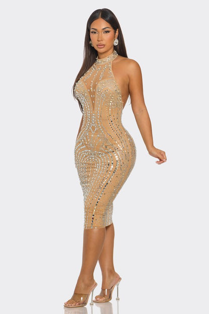 Luxe Radiance Rhinestone Midi Dress (Nude)