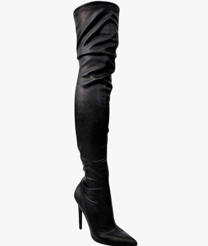 Pu Leather Gisele Pointed Toe Over The Knee Boots (Black)