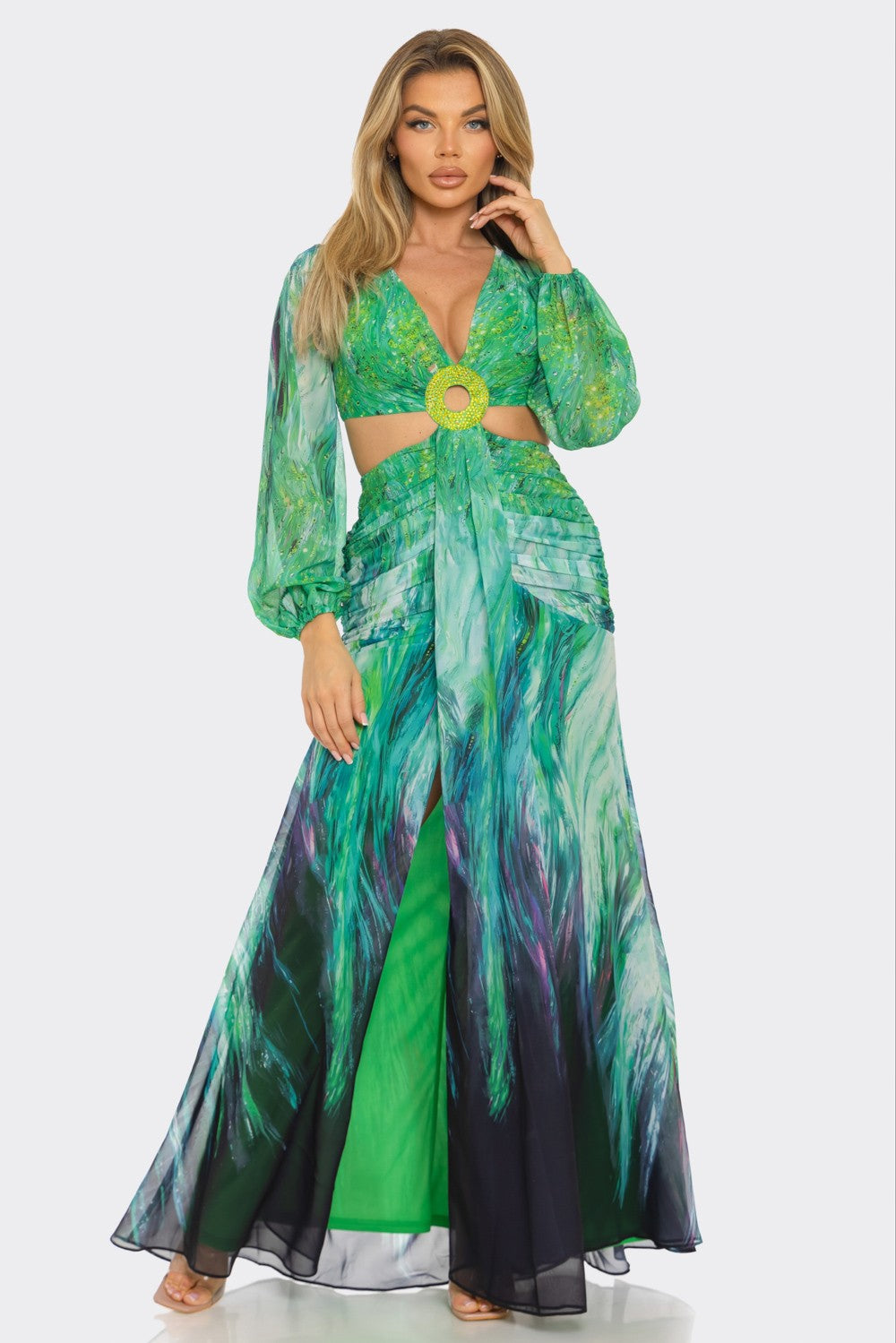 Bora Bora Chiffon Print Cut Out Maxi Dress (Green)