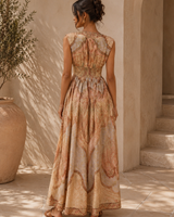 Celeste Draped Mesh Pleated Maxi Dress - Light Beige | Maxi Dress