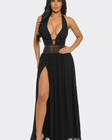 Goddess Allure Rhinestone Halter Gown- Black