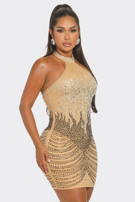 Rhinestone Flame Halter Mini Dress (Nude)