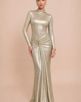 Golden Hour Metallic Long Sleeve Ruched Open Back Maxi Dress