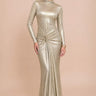 Golden Hour Metallic Long Sleeve Ruched Open Back Maxi Dress