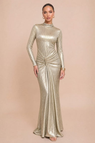 Golden Hour Metallic Long Sleeve Ruched Open Back Maxi Dress