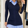 Ribbed Knit 2-in-1 Mini Sweater Dress | Striped Shirt Collar Layered L
