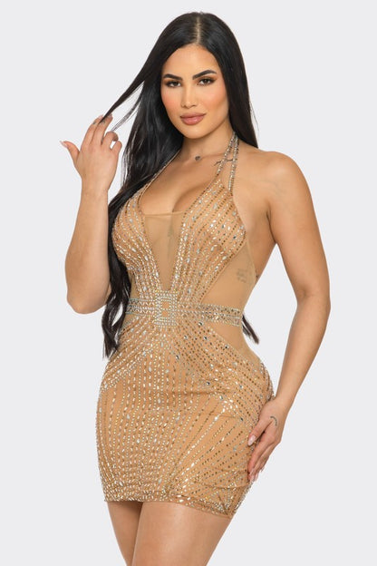 Radiant Rhinestone Halter Mini Dress