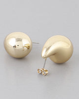 Gold shiny teardrop dome stud earrings, angled pair view