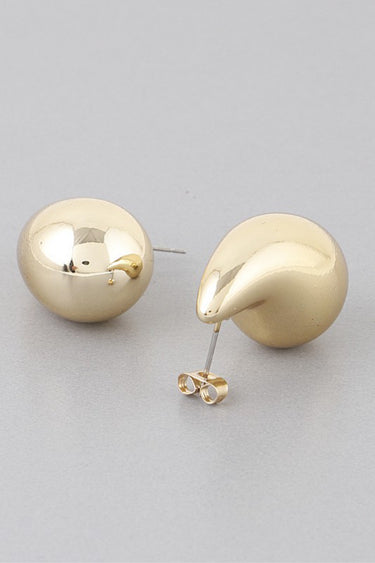 Gold shiny teardrop dome stud earrings, angled pair view