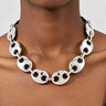 Model wearing the silver oval cut out link statement necklace