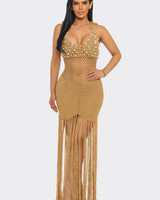 Camel Shell Embellished Crochet Fringe Cover-Up Dress