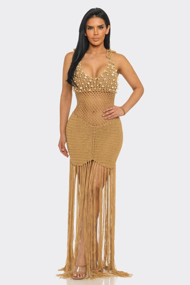 Camel Shell Embellished Crochet Fringe Cover-Up Dress – Palazzo Couture Online Camel Shell Embellished Crochet Fringe Cover-Up Dress – Palazzo Couture Online