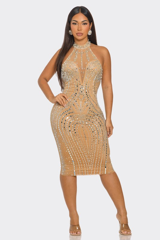 Luxe Radiance Rhinestone Midi Dress (Nude)