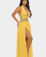 Goddess Allure Rhinestone Halter Gown- Yellow