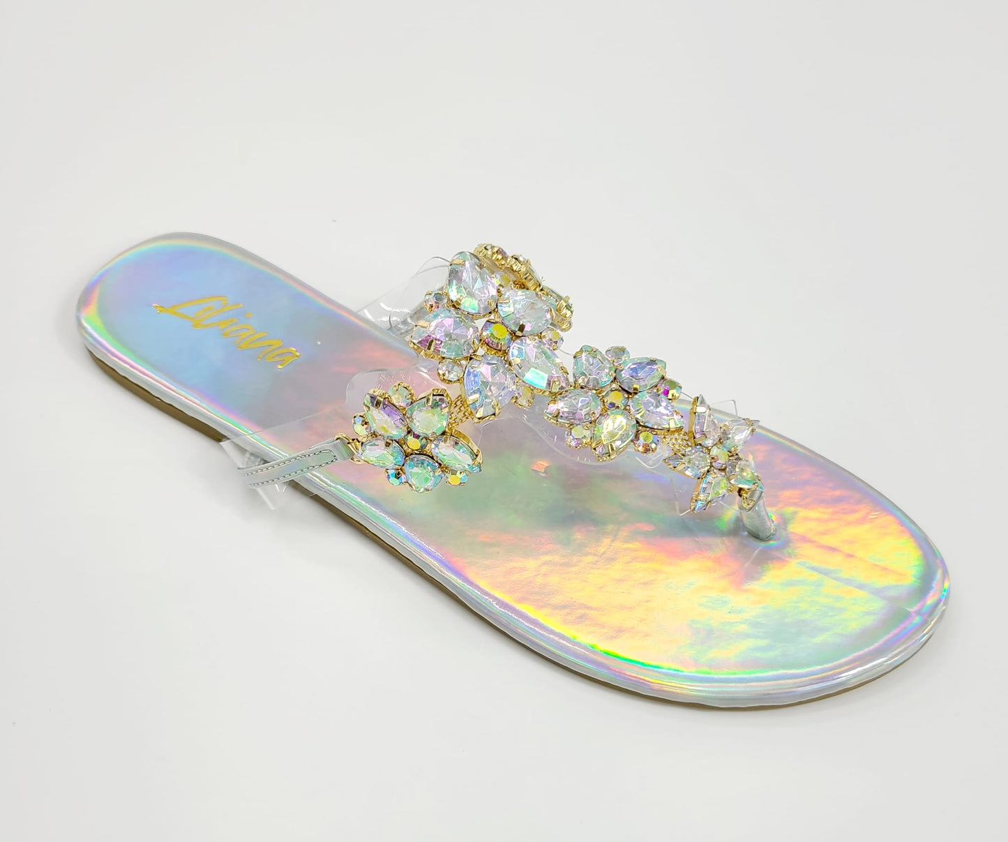Moly Rhinestone Faux Jeweled Thong Flat Sandals (Silver)