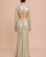 Golden Hour Metallic Long Sleeve Ruched Open Back Maxi Dress
