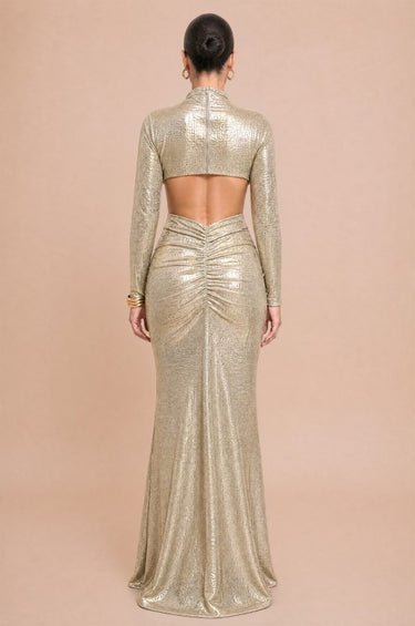 Golden Hour Metallic Long Sleeve Ruched Open Back Maxi Dress