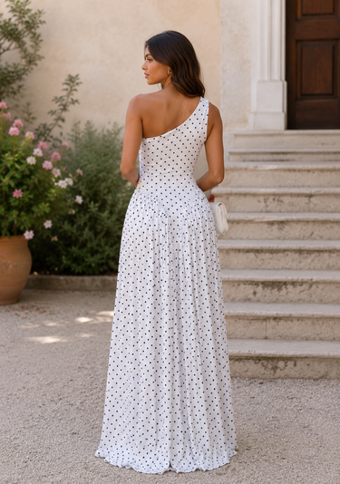 Monaco Muse One-Shoulder Polka Dot Maxi Dress – White/ Black