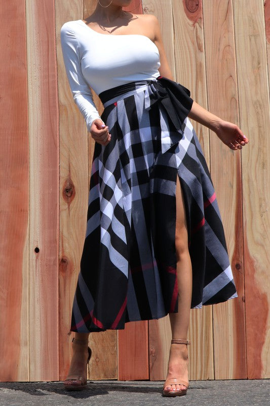 One Shoulder Plaid Skirt Maxi Dress With Tie ( Off White)