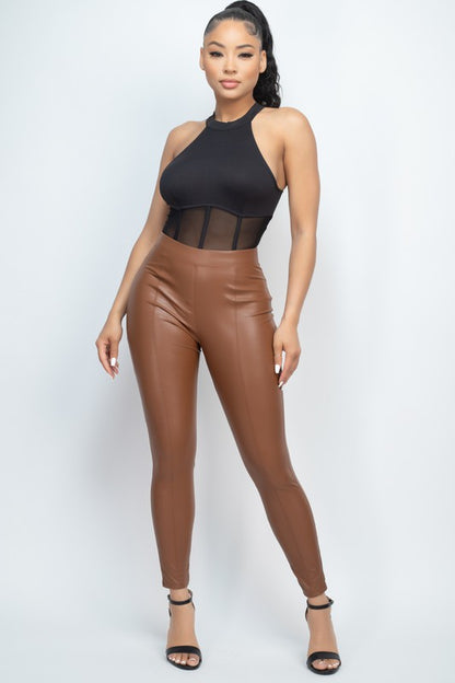 High Waist Skinny Faux Leather Pants (Brown)