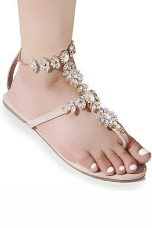 Women Rhinestone Faux Jeweled Thong Flat Sandals (Nude)