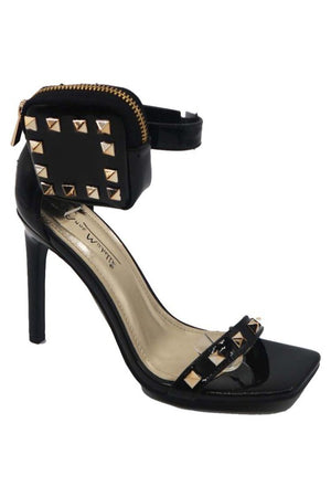 Womens Stud Mini Pouch Stiletto Heeled Sandals (Black)