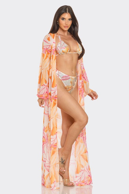 Tropical Breeze 3-Piece Bikini and Duster Set (Orange)