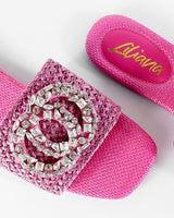 Pink slides with gemstone detail and tweed upper