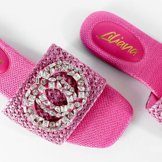 Pink slides with gemstone detail and tweed upper