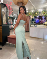 Luxe Satin Drape Gown Maxi Dress (Sage) - Palazzo Couture Online