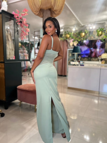 Luxe Satin Drape Gown Maxi Dress (Sage) - Palazzo Couture Online