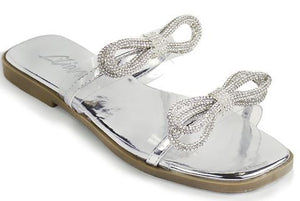 Women Rhinestone Double Bow Clear Strap Slide on Sandals (Silver)