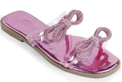 Women Rhinestone Double Bow Clear Strap Slide on Sandals (Pink)