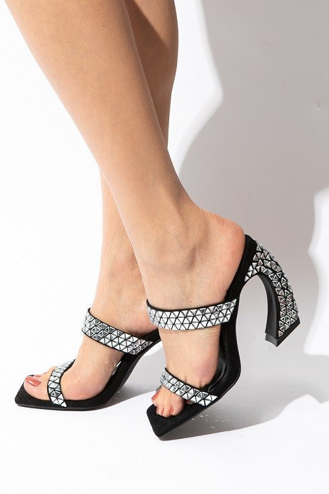 Geometry Rhinestone Sandals High Heels (Black)