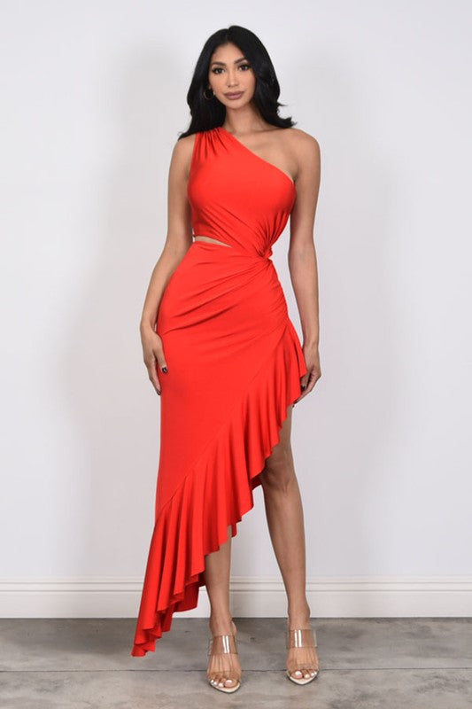 Asymmetrical Elegance Cut-out Dress (Red)