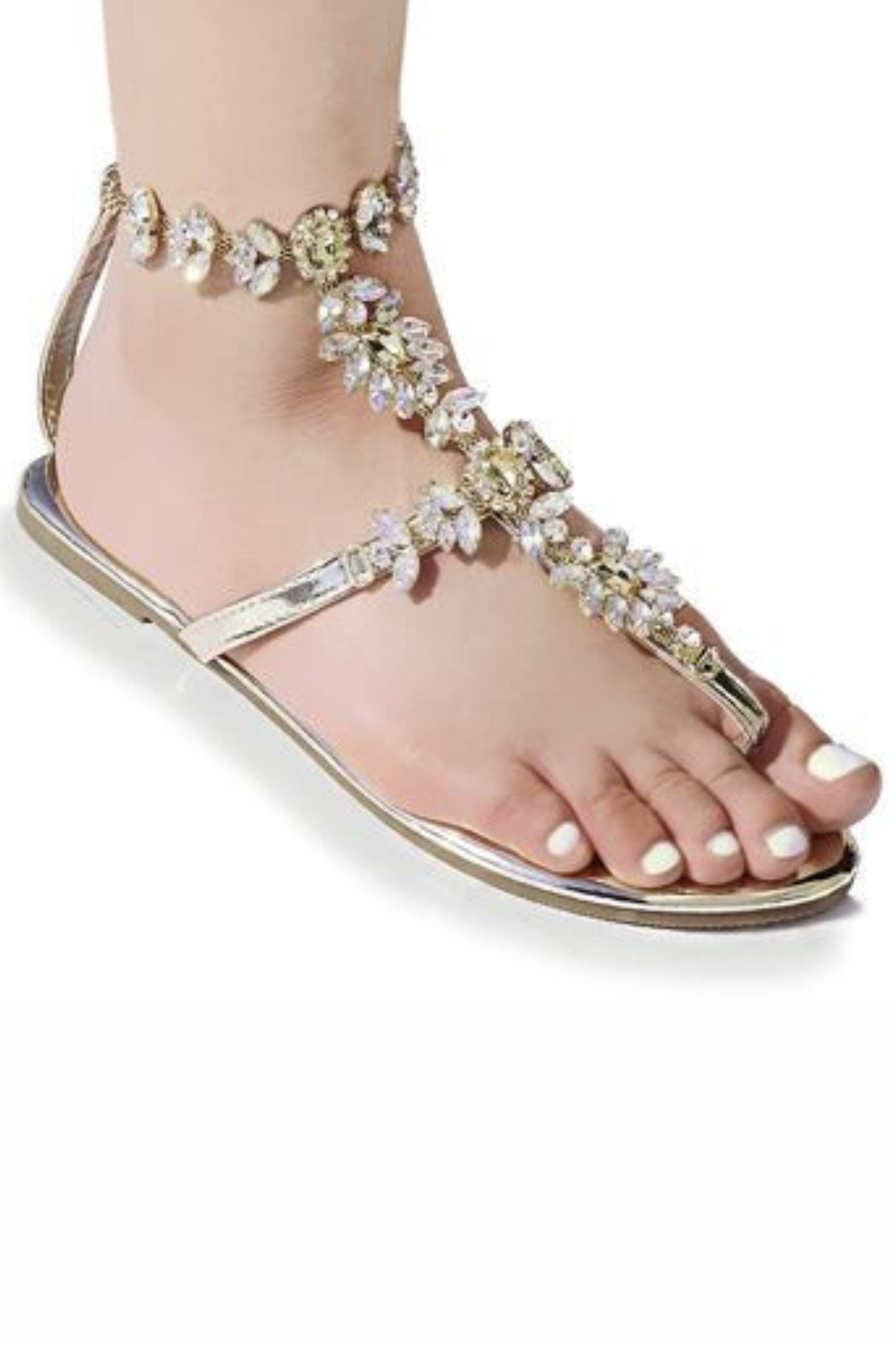 Women Rhinestone Faux Jeweled Thong Flat Sandals (Gold)