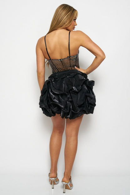 Rhinestone Mesh Shiny Ruffle  Mini Dress (Black)